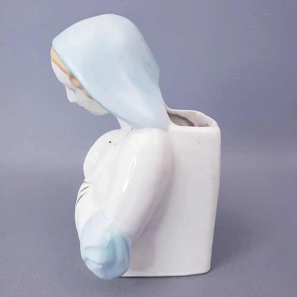 Vintage Virgin Mary Praying Madonna Ceramic Planter Vase Blue Veil Gold Accents